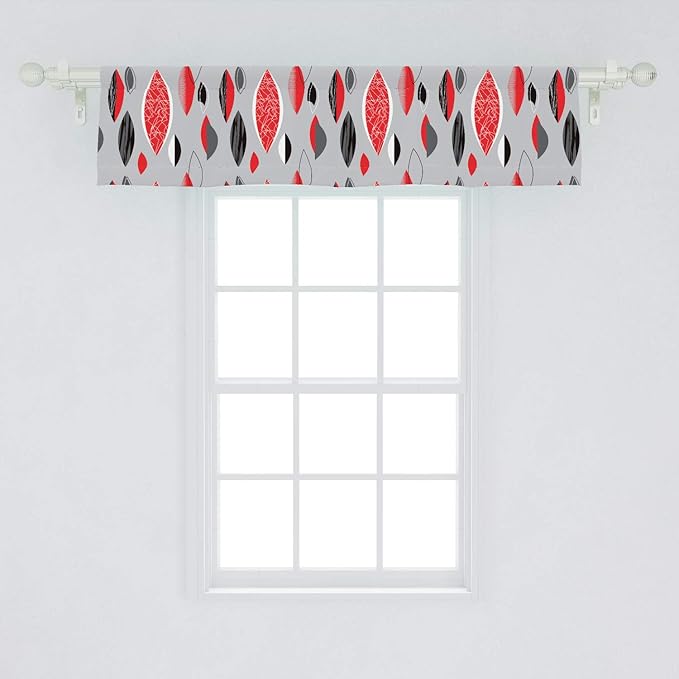 Ambesonne Mid Century Window Valance, Abstract Oval Leaf Forms with Different Designs and Color Combinations, Curtain Valance for Kitchen Bedroom Decor with Rod Pocket, 54" X 12", Red Black