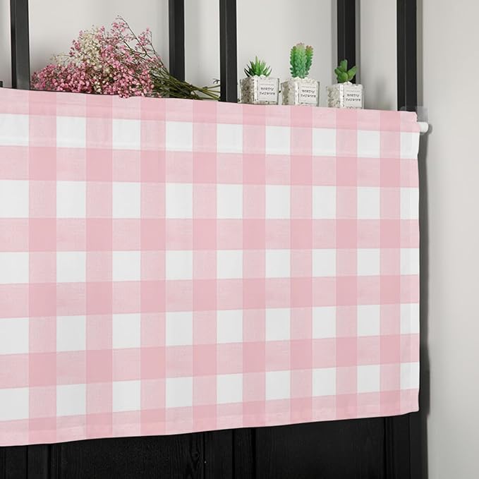 Christmas Valance Curtains for Kitchen Windows Rustic Pink White Buffalo Check Plaid Pattern Rod Pocket Window Treatment Toppers for Kitchen/Living Room/Bedroom/Bathroom, 42" X 18", Farmhouse