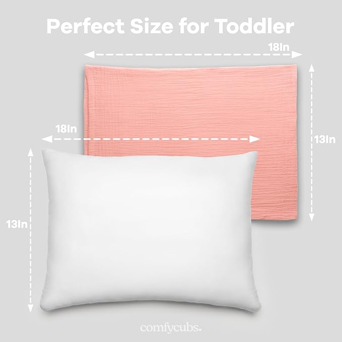 Comfy Cubs Toddler Pillow with Soft Muslin Pillowcase, 13"x18", Blush (2 Pack) - Kids Pillow for Sleeping & Travel - Comfortable Small Pillow - Kids Travel Pillow with Breathable Microfiber Fill