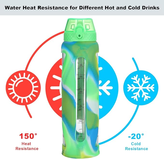 GOPPUS Glass Water Bottles with Straw and Flip Lid, Motivational Water Bottles with Time Marker Reminder and Silicone Sleeve, Leakproof, BPA Free (32 oz, Green Blue and White)