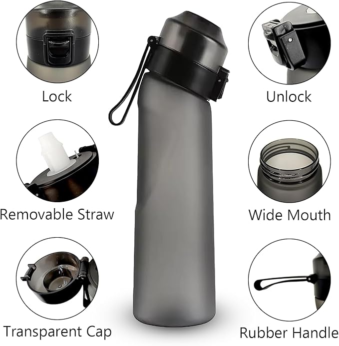 Matt Finish Water Bottle With 1 Flavor Pod | Include Straw and Strap | Silicone Leak-Proof Ring BPA Free, Air Water Bottle
