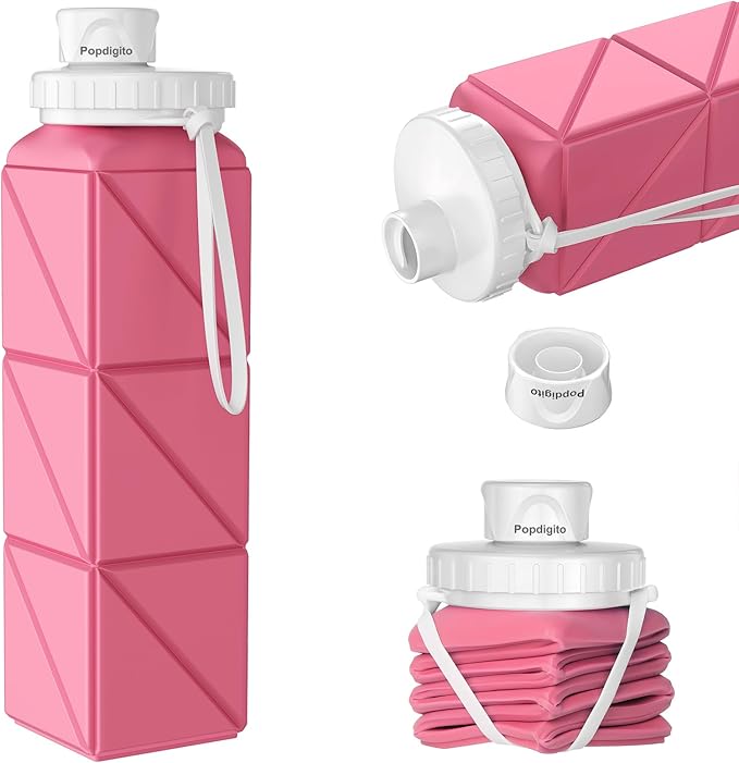 Collapsible Water Bottles,BPA-Free Leak-Proof Silicone Foldable Water Bottle Cup 20.6oz,Durable Lightweight Bottle for Gym Travel Camping Hiking Running (Pink)
