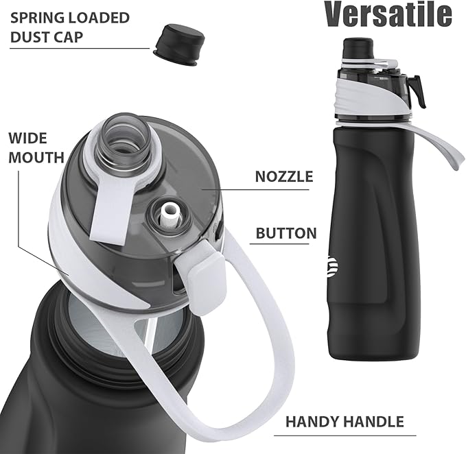 Misting Water Bottle, 24oz Insulated Water Bottle, 2-in-1 Mist & Sip Stainless Steel Water Bottles, Thermo for Hot Drinks/Cold Drinks, Sports Water Bottle for Hiking, Running, Gym, Iron Black