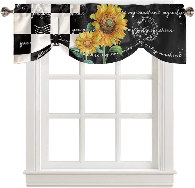 Buffalo Plaid Blackout Tie Up Valance Curtains for Kitchen Windows Farmhouse Sunflower Window Toppers Balloon Shades for Living Room/Bathroom/Bedroom,1 Panel,54" X 18" Autumal Wild Flower