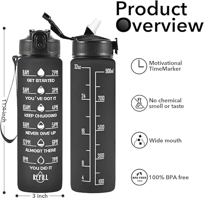 Generic Stay Hydrated in style 3-in-1 Piece Motivational Water Bottle Set with Time Marker, Leak-Proof and BPA-Free Design - Perfect for fitness activities and outdoor adventures!, Black