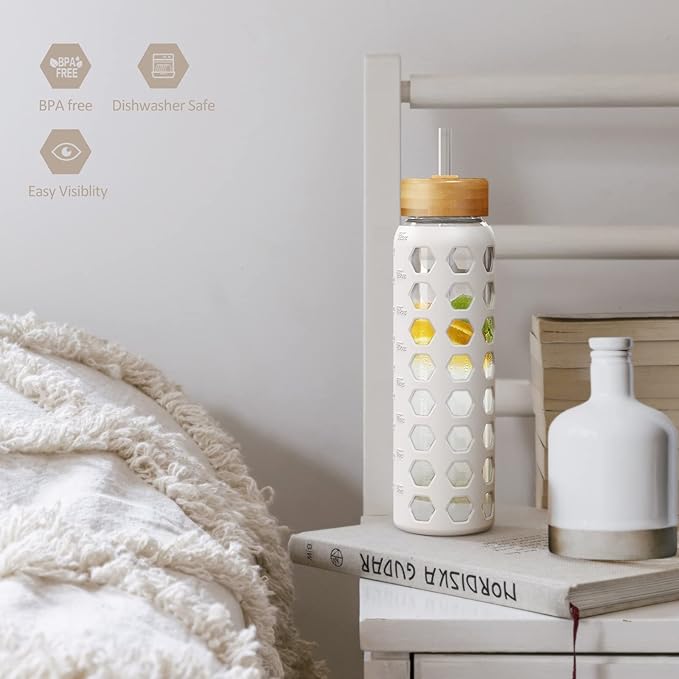 MUKOKO 24oz Glass Water Bottle with 2 Lids-Handle Flip Lid&Bamboo Straw Lid,Motivational Water Tumbler with Time Marker Reminder and Silicone Sleeve, Leakproof-White