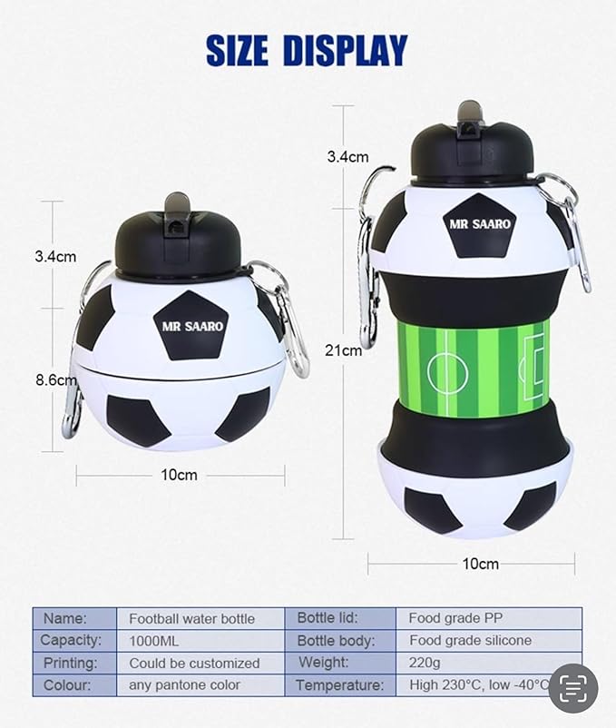 Kids 34 OZ Sports Silicone BPA-Free Water Bottle, Collapsible Football Shape Foldable and Leak Proof Water Bottle for School Kids,Travel,Hiking,Riding and for Movements.