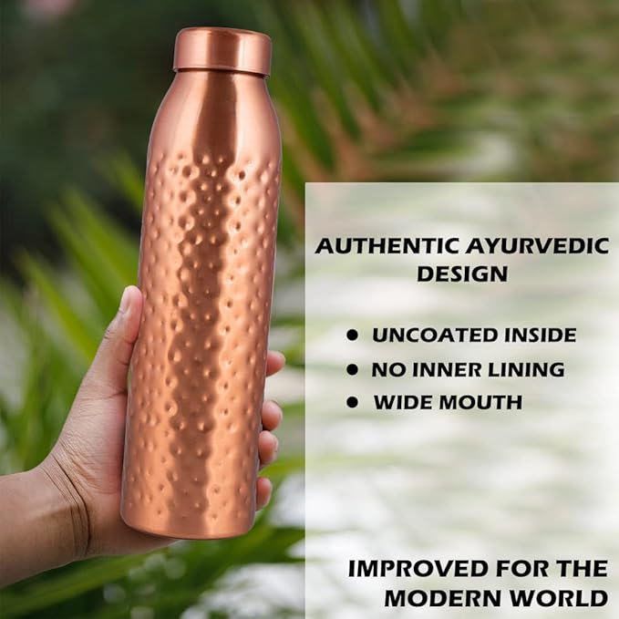 Copper Water Bottle 1Liter - Gift Box of 6, Hammered, an Ayurvedic vessel made from pure copper - helps you drink more water, with many health benefits