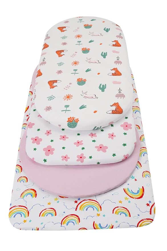 Bassinet Sheets Compatible with Ingenuity Bedside Baby Bassinet and Regalo Basic Baby Bassinet(Small), 2 Pack, 100% Jersey Knit Cotton 190GSM, Ultra Soft Breathable, Floral and Pink