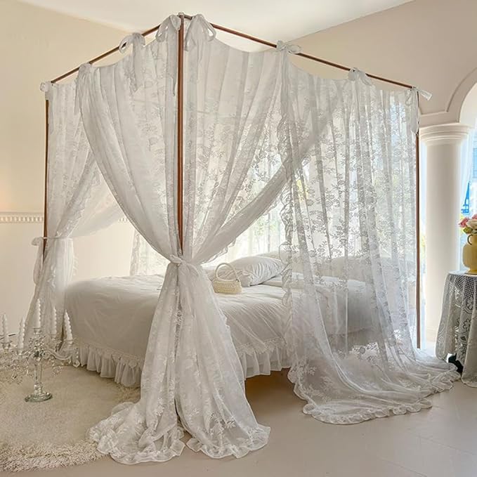 Elegant Lace Princess 4 Corner Post Mosquito Net Romantic for Girls Women Bed Curtain Canopy for Adult Wedding Bedroom Kids Rooms Decoration (Type3-Beige-White, Full)