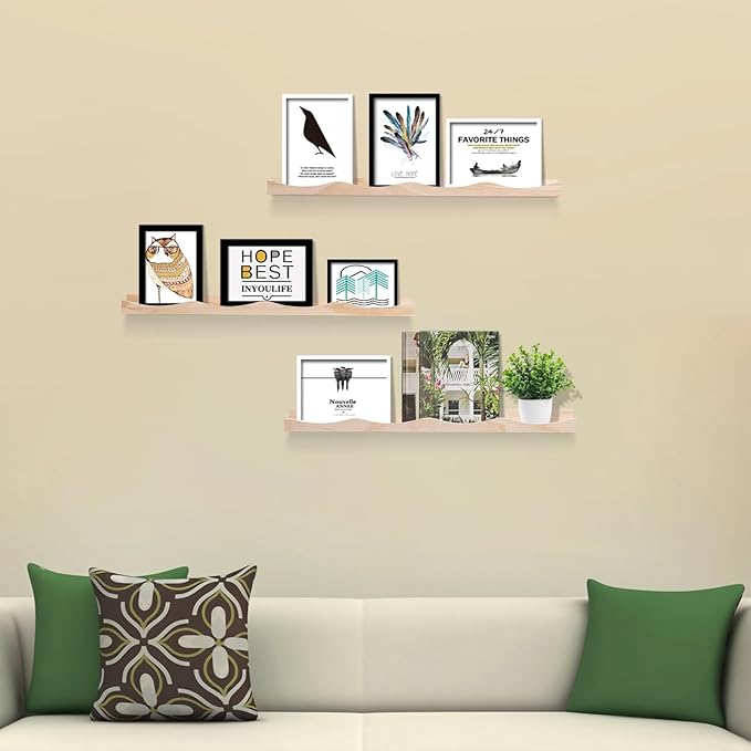 AZSKY Nursery Book Shelves for Kids, Picture Ledge Shelf for Wall Decor and Storage, Floating Photo Shelves with Lip for Picture Frames (Natural Wood, 23.6 Inches Set 3)