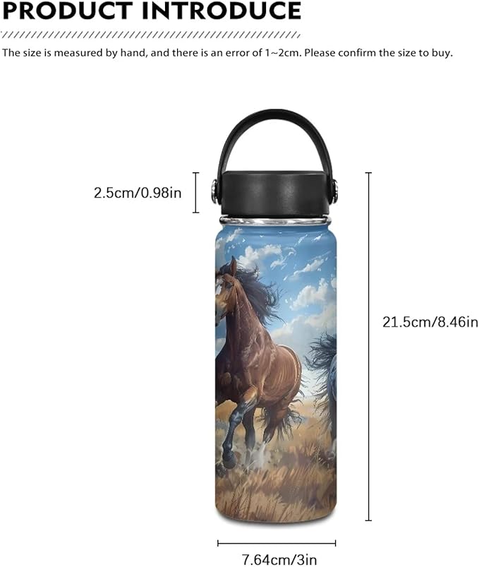 Horse Insulated Water Bottle with Handle 18 Oz Reusable Water Jug Thermal Water Bottles Keeps Iced Water Cold for Hours Sports Bottle