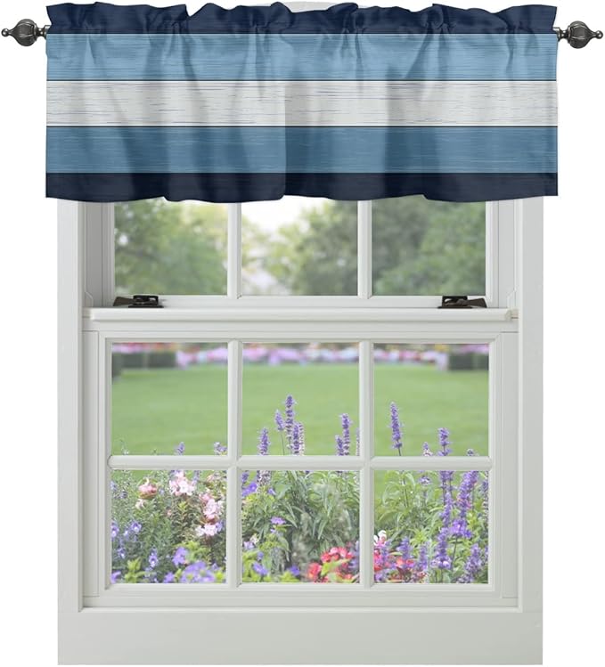 Farmhouse Kitchen Curtains Valances for Windows ,Navy Sky Blue White Rod Pocket Country Window Treatment for Kitchen /Living Room/Bedroom/ Bathroom,42" X 12" -1 Panel, Retro Rustic Barn Wood Texture