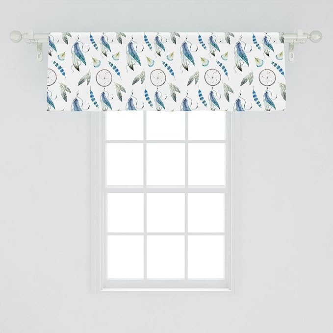 Ambesonne Tribal Window Valance, Aztec Exotic Feathers Dreamcatchers Traditional Folk Watercolor Boho Art, Curtain Valance for Kitchen Bedroom Decor with Rod Pocket, 54" X 18", Blue Green
