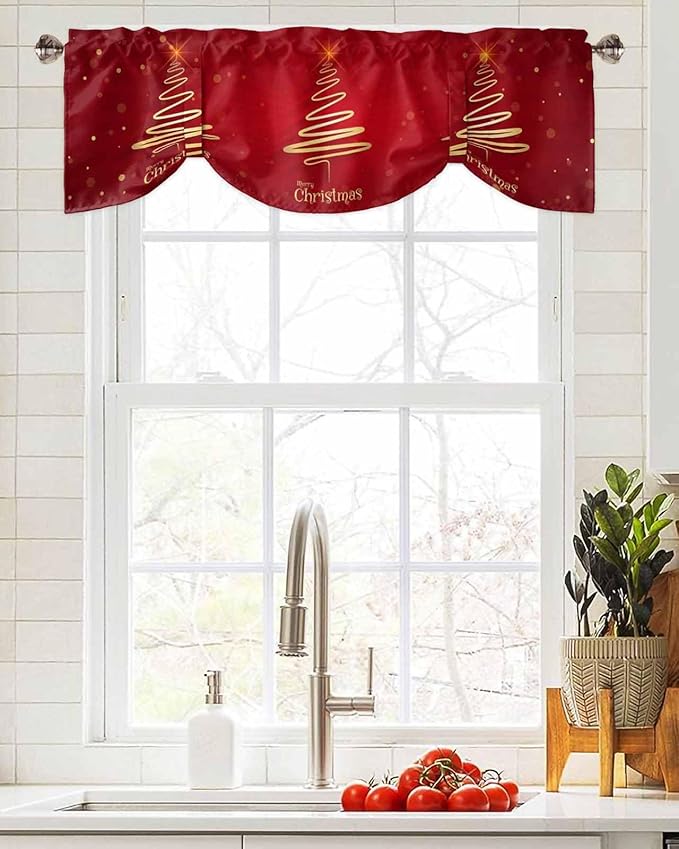 Christmas Tree Blackout Tie Up Valance Curtains for Kitchen Windows Merry Xmas Red Window Toppers Balloon Shades for Living Room/Bathroom/Bedroom,1 Panel,42" X 12" Winter Holiday Decor