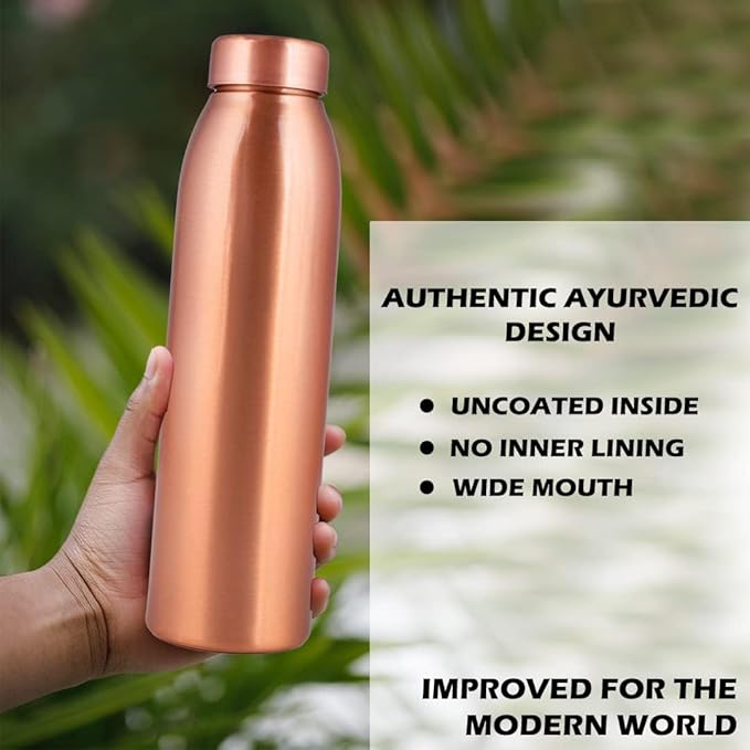 Copper Water Bottle 1Liter - Gift Box of 3, Plain 2, Hammered 1, an Ayurvedic vessel made of pure copper - helps you drink more water with many health benefits
