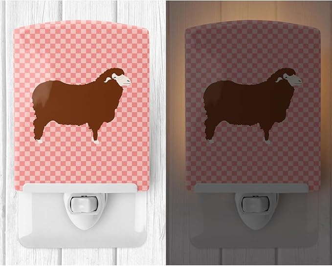 Caroline's Treasures BB7981CNL Merino Sheep Pink Check Ceramic Night Light Compact, UL-Certified, Ideal for Bedroom, Bathroom, Nursery, Hallway, Kitchen, 6x4x3, Multicolor