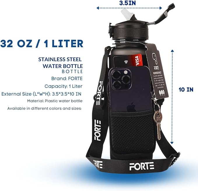 FORTE Plastic Water Bottle with Sleeve - BPA-Free Water Jug with Leak Proof Lid and Straw - Perfect for Gym, Office, and Everyday Use (Black)