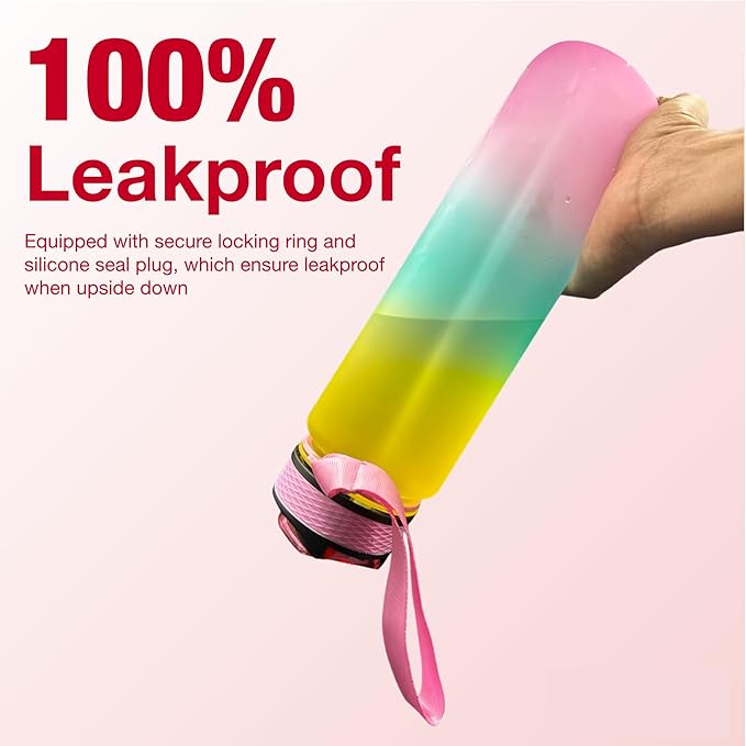 Yaa Fresh Water Bottles, 32oz Motivational Sports Water Bottle with Time Marker-Times to Drink-Tritan, BPA Free, Leakproof water bottle (1 Pack) (Pink-Green-Yellow)