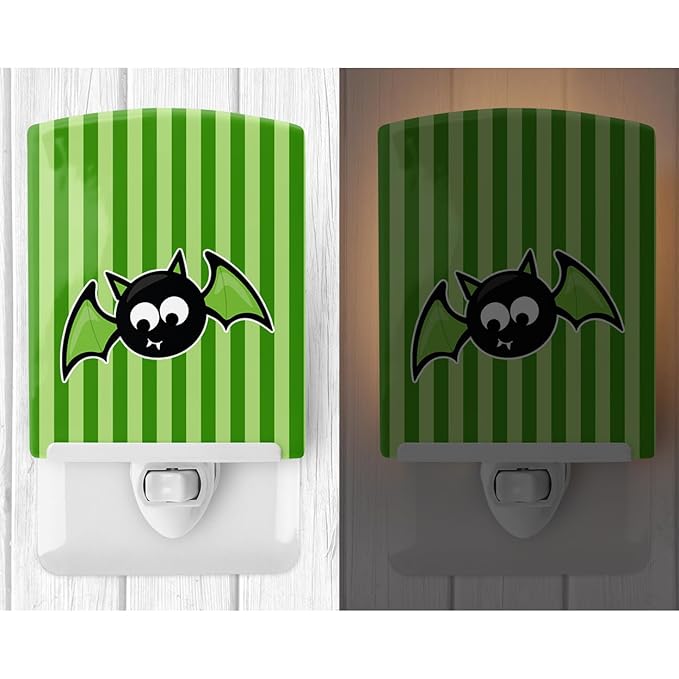 Caroline's Treasures BB9110CNL Halloween Bat Green Stripes Ceramic Night Light Compact, UL-Certified, Ideal for Bedroom, Bathroom, Nursery, Hallway, Kitchen, 6x4x3, Multicolor