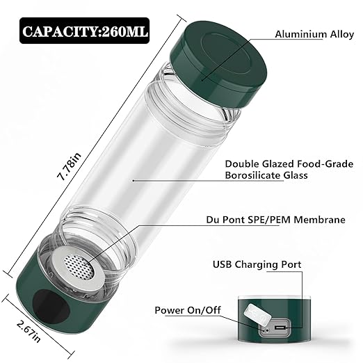 Hydrogen Water Bottle, Hydrogen Water Generator 1700+PPB Fourth Generation SPE PEM Technology, Portable High Borosilicate Glass Hydrogen Water Generator Quick Electrolysis