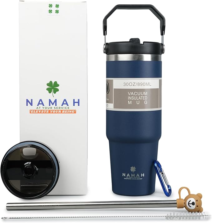 Tumbler with Handle & Extra Cloud LID – 30oz/900ml, Premium 304 Stainless Steel, Insulated Water Bottle, Leak-Proof, Steel Straw, Teddy Straw Cap, Cleaning Brush & Carabiner Hook (Midnight Teal Blue)