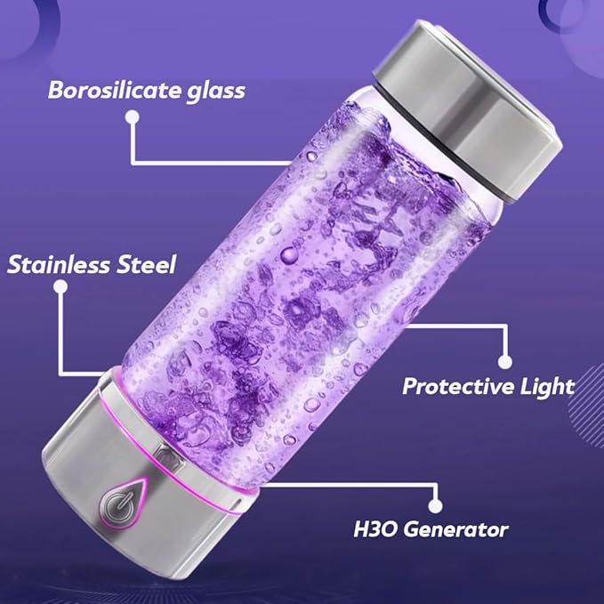 H3O Hydrogen Water Bottle - Hydrogen-Infused Water Machine with Built-in Purple Protective Light - Portable Water Ionizer for Hydration, Energy, Sleep Quality - 3000PPB Hydrogen Ions per Cycle