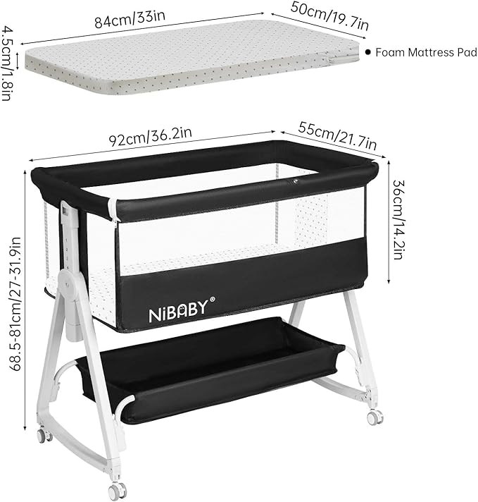 Multifunctional 3-in-1 Baby Bassinet for Bedside Sleep, Nursing & Rocking - Adjustable Height, Breathable Mesh, Portable Design with Mosquito Net, Safe & Supports Independent Sleep (Black)