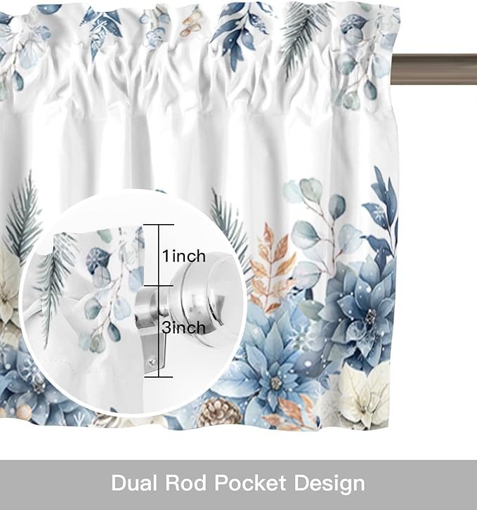 Blue Christmas Poinsettia Valance Curtains for Kitchen Windows Winter Eucalyptus Leaves Rod Pocket Window Treatment Toppers for Kitchen/Living Room/Bedroom/Bathroom, 60" X 18",