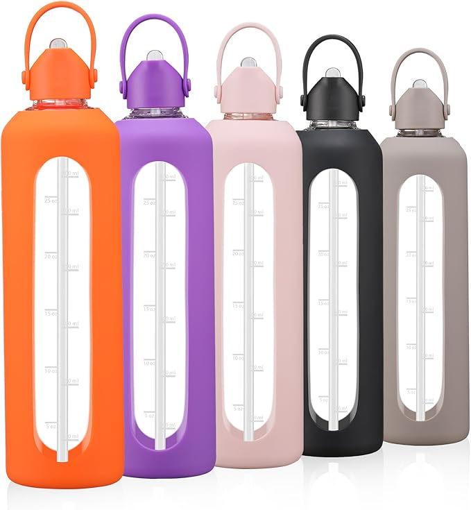 32 oz Glass Water Bottles with Straw Borosilicate Glass Water Bottle with Time Marker Motivational Water Bottles with Silicone Sleeve Leak Proof Reusable BPA Free