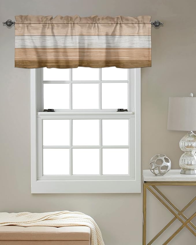 Farmhouse Kitchen Curtains Summer Fall Valances for Windows ,Brown Beach Fall Rod Pocket Country Window Treatment for Kitchen/Living Room/Bedroom/ Bathroom,54" X 18" -1 Panel, Rustic Barn Wood Texture