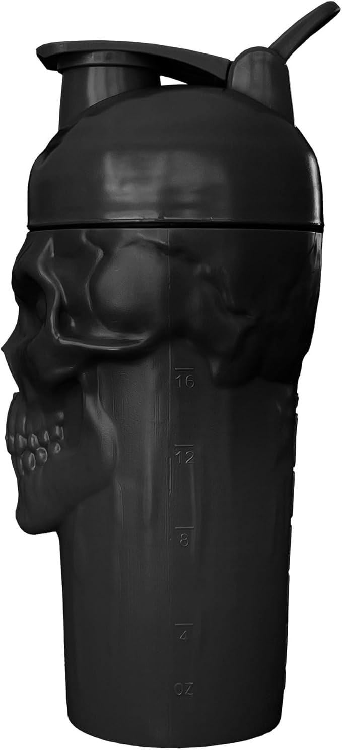 JNX SPORTS The Curse! Skull Shaker Bottle, 24-Ounce, Full Black Limited Edition, Supplement Mixer with Classic Loop Top