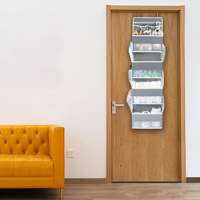 Univivi Over the Door Organizer, 5 Shelf Door Hanging Organizer Nursery Door Storage with 4 Large Compartments and 2 Small PVC Pockets 6 Side Pockets for Bathroom,Cosmetics and Nursery Baby Essential