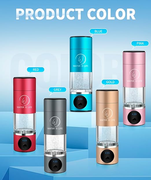 WATER IS LIFE Premium Waterproof Hydrogen Water Ionizer Bottle with LED Light, Magnetic Charging Port, 6000 ppb Hydrogen Content, SPE Electrolysis Technology, Bottom Vent to Discharge Gases (Blue)