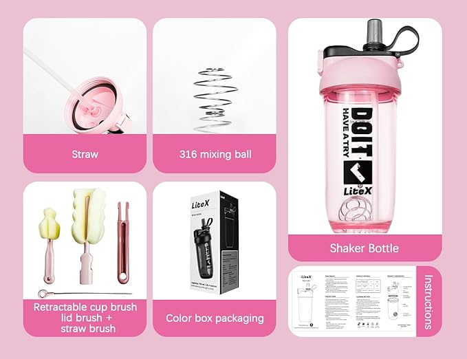 Litex Shaker Bottles for Protein Shakes, 26oz Blender Shaker Bottle for Pre-Workout,Shaker Cups with Straw, BPA-free Tritan Mixer Bottles for Protein Powder,with Cup Brush and Instructions (Pink)