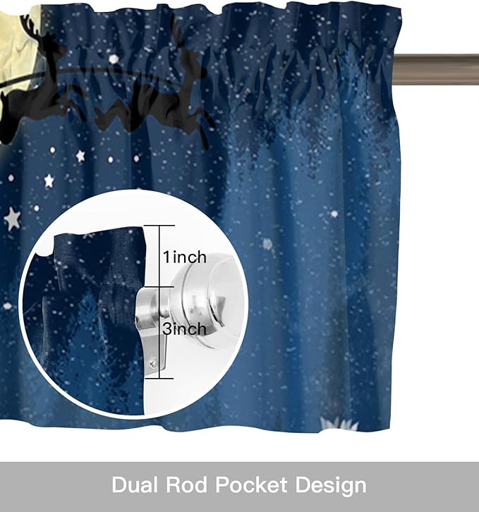 Christmas Kitchen Curtains Valances for Windows Santa Claus Reindeer Rod Pocket Window Treatment for Kitchen/Living Room/Bedroom/Bathroom,60" X 18" -1 Panel, Blue Snowy Night