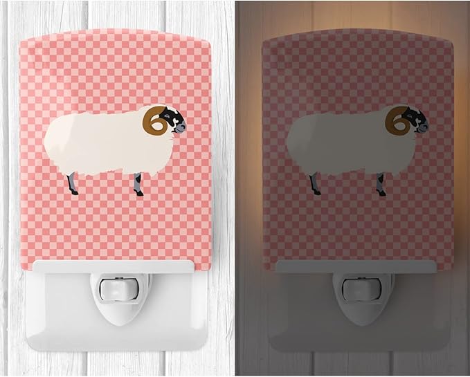 Caroline's Treasures BB7973CNL Scottish Blackface Sheep Pink Check Ceramic Night Light Compact, UL-Certified, Ideal for Bedroom, Bathroom, Nursery, Hallway, Kitchen, 6x4x3, Multicolor