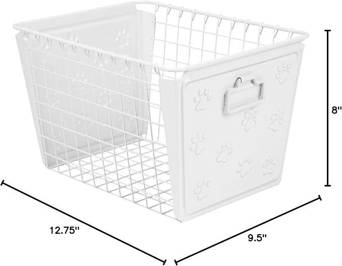 Spectrum Macklin Paw Printed Wire Basket Medium with Label Plate (White) - Storage Bin & Décor for Bathroom, Closet, Pantry, Under Sink, Toy, Shelf, Kitchen, & Nursery Organization