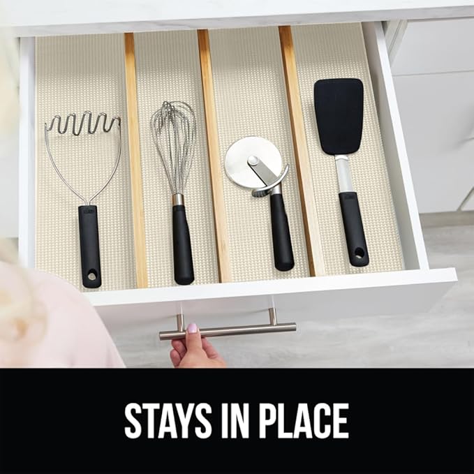 Gorilla Grip powerGRIP Drawer Shelf and Cabinet Liner, Thick Strong Hold, Non-Adhesive Liners Protect Kitchen Cabinets and Cupboard, Bathroom Drawers, Easy Install, Breathable Mat, 17.5" x10', Cream