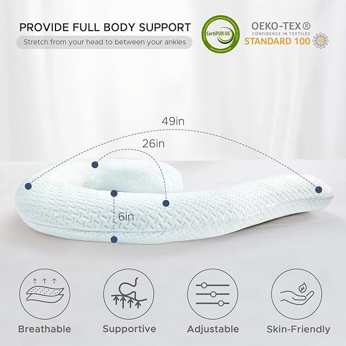 Body Pillow for Adults - Soft Long Bed Pillows Insert for Sleeping - Shredded Memory Foam & Removable Washable Cover - Swan Shaped Pregnancy Side Sleeper Pillow 49 Inch (Cooling Blue)