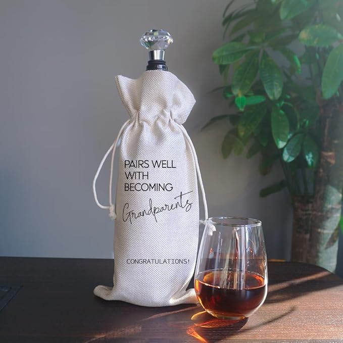 Pairs Well With Becoming Grandparent Linen Wine Gift Bag, Pregnancy Reveal Pregnancy Announcement Baby Shower Wine Bags for Wine Bottles, 1 Pack Reusable Burlap Wine Bag-2