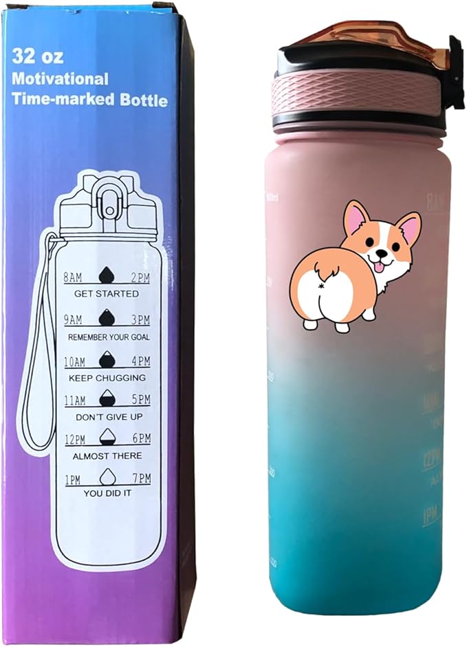 Corgi Butt 32 OZ Drinking Water Bottle with Times to Drink and Straw, Motivational with Carrying Strap, Leakproof BPA & Toxic Free, Ensure You Drink Enough Water for Fitness Gym Outdoor