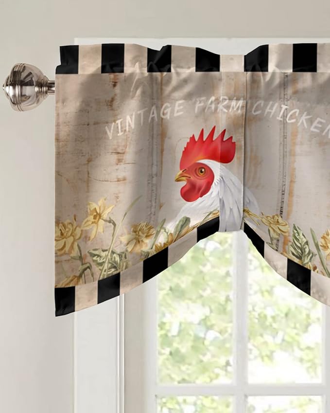 Farmhouse Blackout Tie Up Valance Curtains for Kitchen Windows Sunflower Vintage Farm Chicken Window Toppers Balloon Shades for Living Room/Bathroom/Bedroom,1 Panel,60" X 18" Black White Plaid