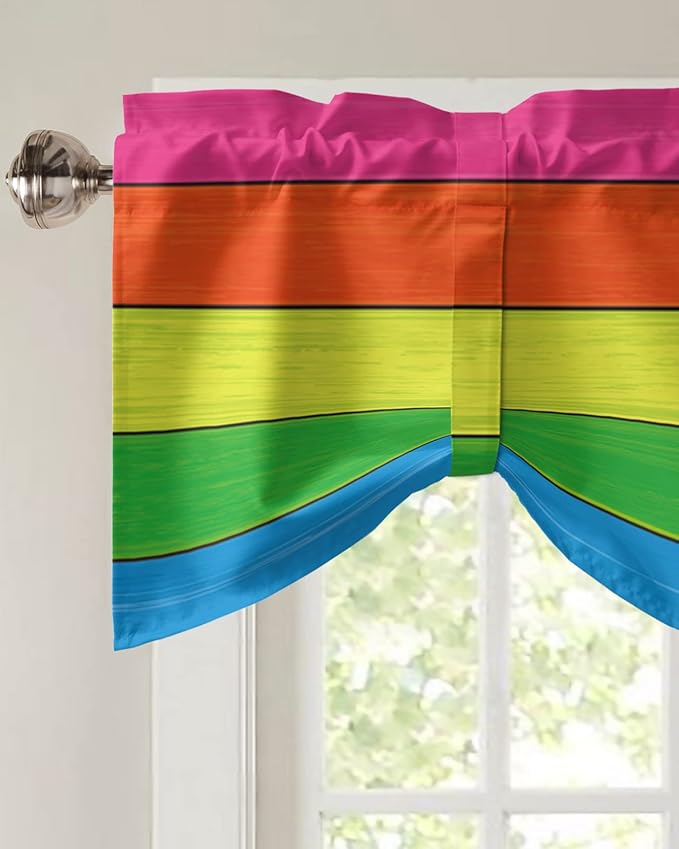 Farmhouse Blackout Tie Up Valance Curtains for Kitchen Windows,Rainbow Retro Rustic Barn Wood Texture Window Toppers Balloon Shades for Living Room/Bathroom/Bedroom,1 Panel,42" X 18" -1 Panel