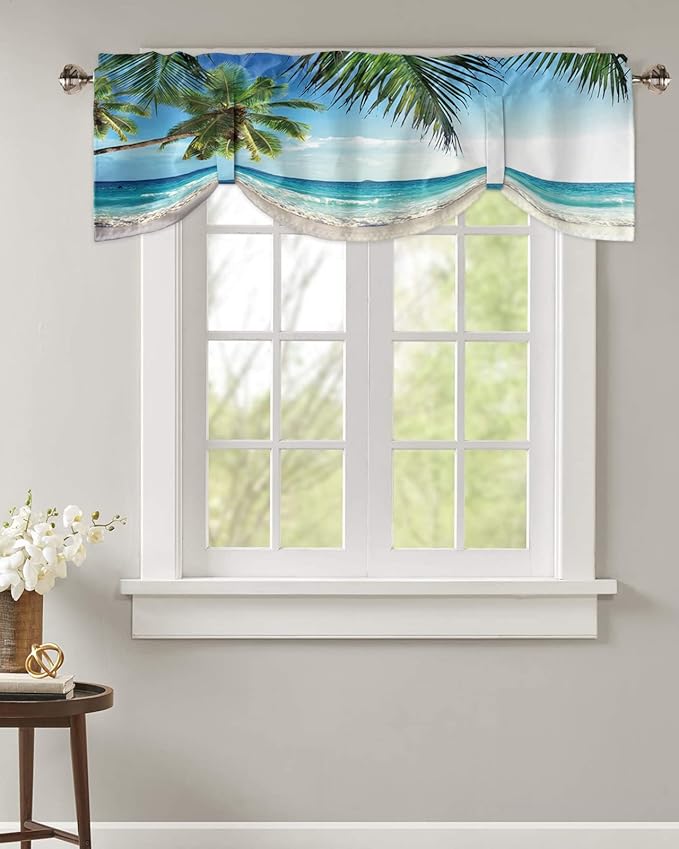 Palms Tree Ocean Blackout Tie Up Valance Curtains for Kitchen Windows Tropical Sea Window Toppers Balloon Shades for Living Room/Bathroom/Bedroom,1 Panel,42" X 18" Beach Theme