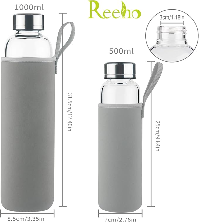 Borosilicate Glass Water Bottle, Sports Glass Drinking Bottle with Neoprene Sleeve and Stainless Steel Lid 16oz / 32oz