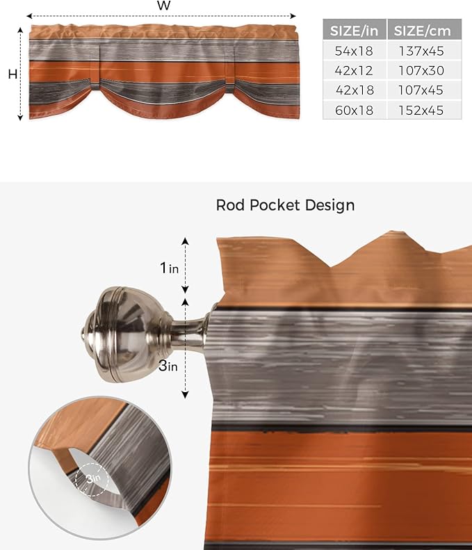Farmhouse Thanksgiving Fall Blackout Tie Up Valance Curtains for Kitchen Windows Burnt Orange Gray Window Toppers Balloon Shades for Living Room/Bathroom/Bedroom,1 Panel,42" X 12" Rustic Wood Texture