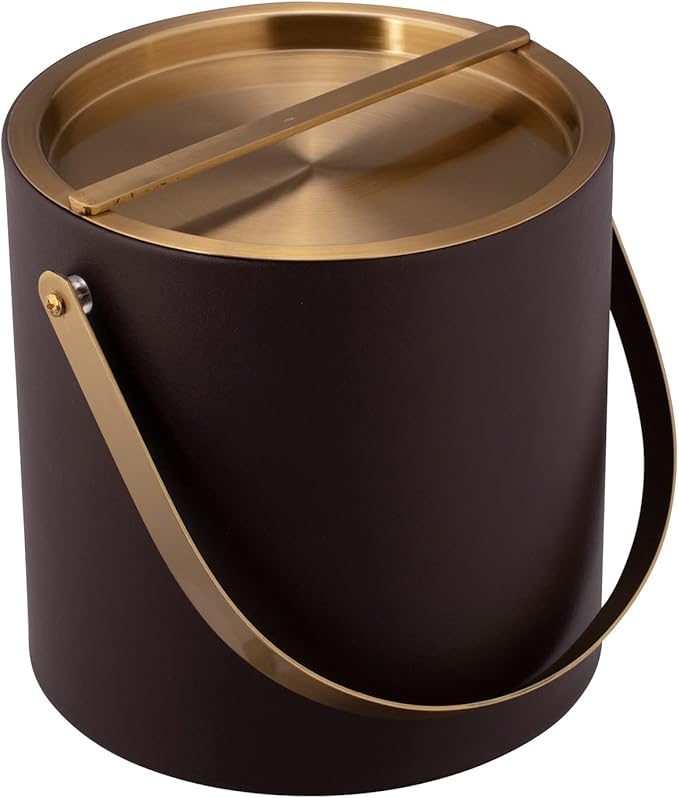 Kraftware 3qt Brushed Gold Arch Handle & Bridge Cover Santa Barbara 3 Quart Ice Bucket, Small, Chocolate Brown