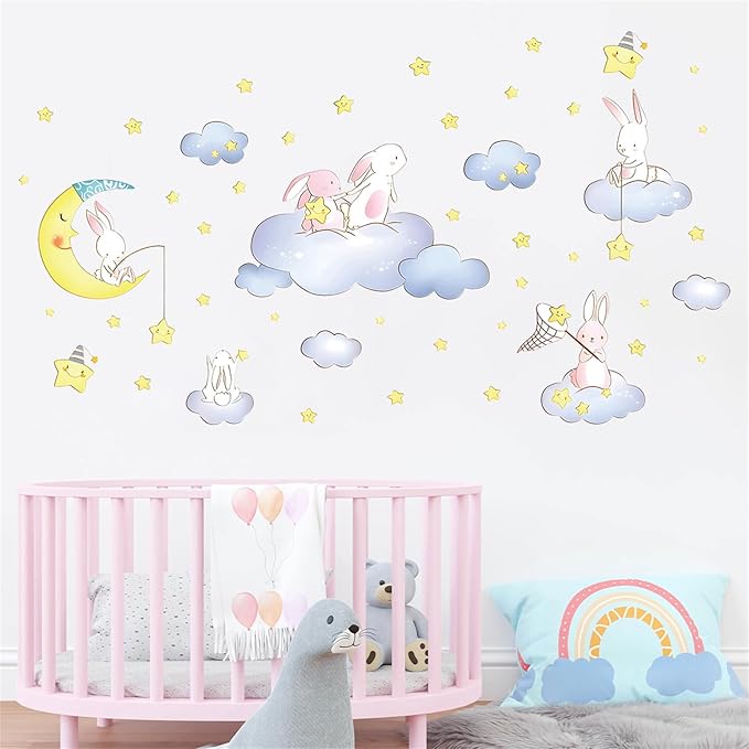 Cartoon Cute Rabbit Wall Decal The Moon and Stars Cloud Bunny Wall Stickers Nursery for Bedroom Girls Decor