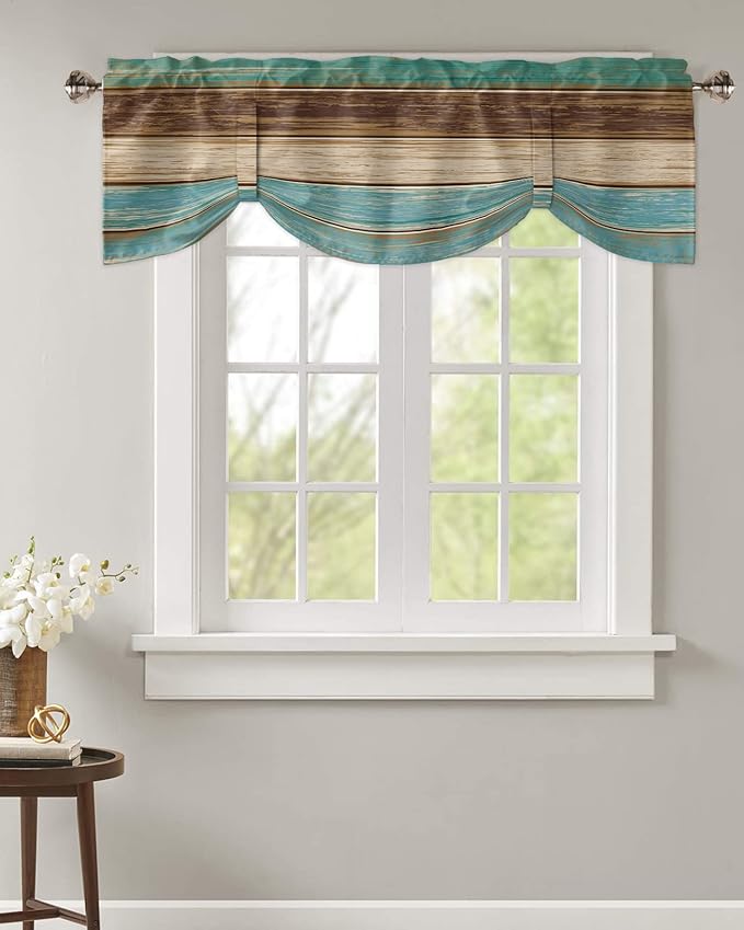 Farmhouse Blackout Tie Up Valance Curtains for Kitchen Windows Teal Turquoise Green Brown Country Window Toppers Balloon Shades for Living Room/Bathroom/Bedroom,54" X 18" Retro Rustic Barn Wood